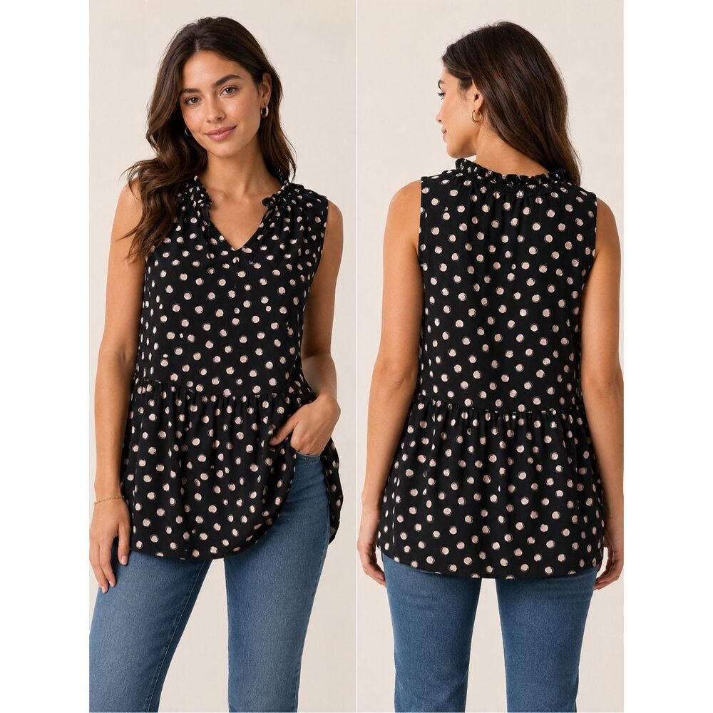 ELLE Black Polka Dot Sleeveless Peplum Blouse Small Casual Flowy Top